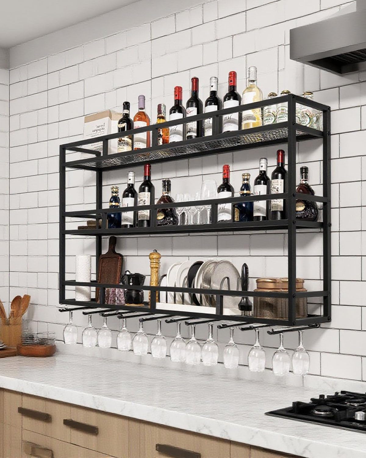 59" Large Wine Rack Wall Mounted with Bottle Glass Holder, 3-Tiers Metal Liquor Floating Shelves with LED Light, Wall Bar Shelf for Home, Restaurant, Commercial Bar, Kitchen Storage Display