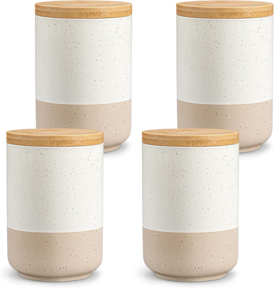vancasso Sabine Ceramic Canister Set with Airtight Wood Lids - 4-Piece Small Kitchen Storage for Coffee, Sugar, Tea & Spices (18 oz Each) - Compact Countertop Jars