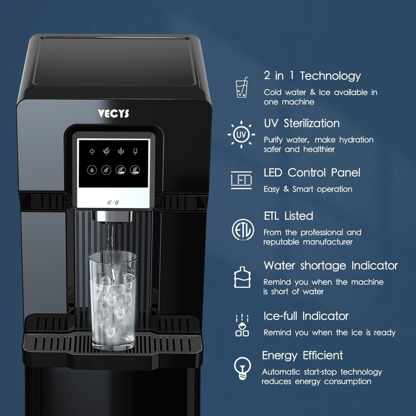 VECYS Bottom Loading Water Cooler with Ice Maker, Cold Water Supply with 18LBS Daily Ice Making, Compatible with 3 or 5 Gallon Bottles, Ideal for Home and Office (No Hot Water)