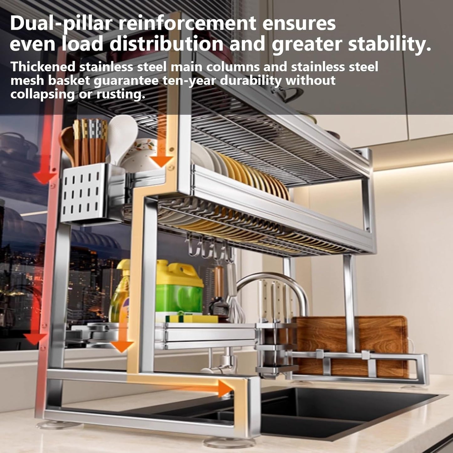 Kitchen Sink Rack Sink Above The Dish Drain Dish Washing Rack Stainless Steel Multifunctional Dish Storage Rack,Over The Sink Drying Rack for Dishes(1,55cm/21.7in)