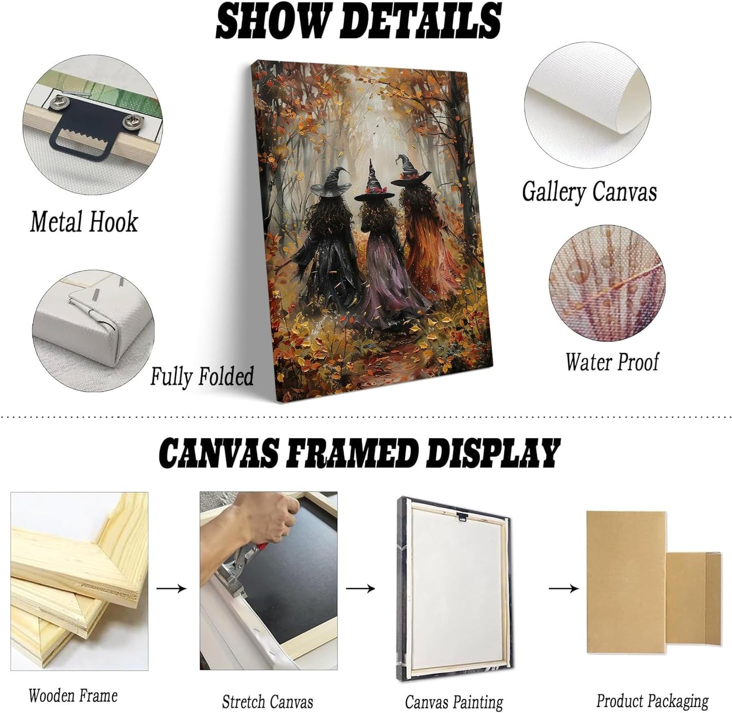 Vintage Three Witches In The Forest Painting Witch Print Witchy Canvas Print Halloween Wall Art Halloween Decor Witch Poster Dark Academia Gothic Room Decor for Bedroom 16x24in Large Frame wall art