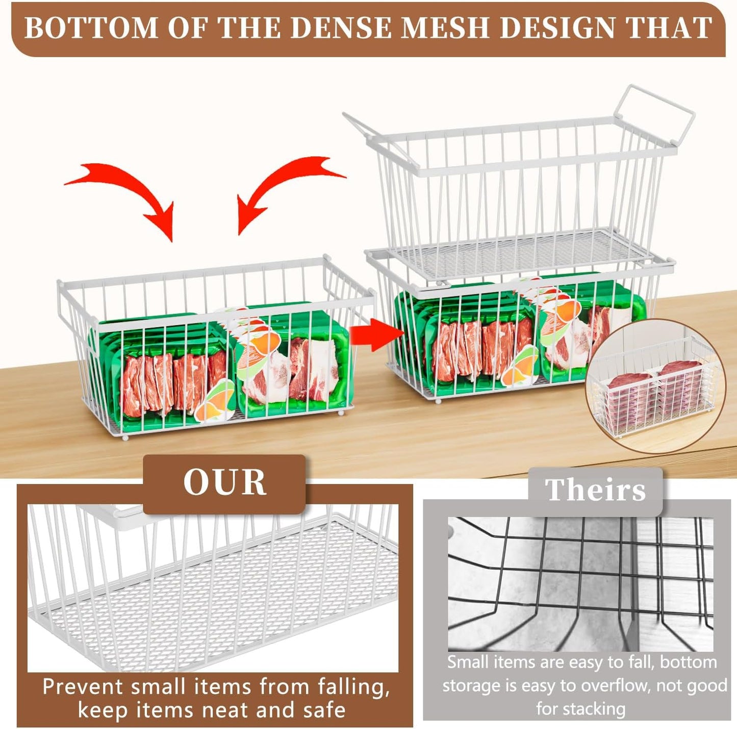 3 Pack Stackable Deep Freezer Organizer Bins ，Upgraded Bottom Leak-Proof net，Encryption and Hardening ， Freezer Organizer Bins for 5 to 9 Cu.FT Small Chest Freezer， Easy Get Bottom Foods