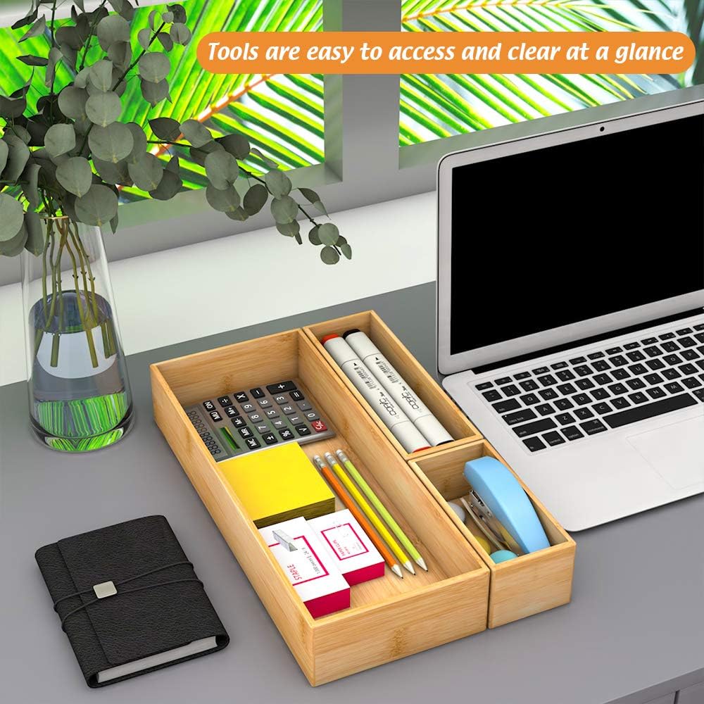 Bamboo Kitchen Drawer Organizer, Wooden Storage Box for Utensil Organizer Silverware Tray Cutlery Holder Flatware Containers - Multi-Use Deep Drawer Dividers Organizer for Bathroom, Jewelry, 9"3"2.5"