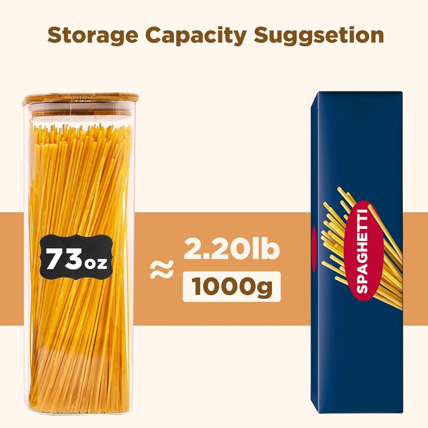 Glass Pasta Storage Jars Square 73oz, 3 Pack Glass Jars With Bamboo Lids, Tall Kitchen Storage Containers For Pasta, Storage For Pantry Organizers