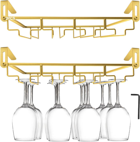 AUHOKY Adjustable Wine Glass Holder Under Shelf, Nail Free Metal Stemware Holder Storage Hanger, Hanging Wine Glasses Rack Organizer Under Cabinet Mount for Bar Kitchen (4 Rows, Gold)