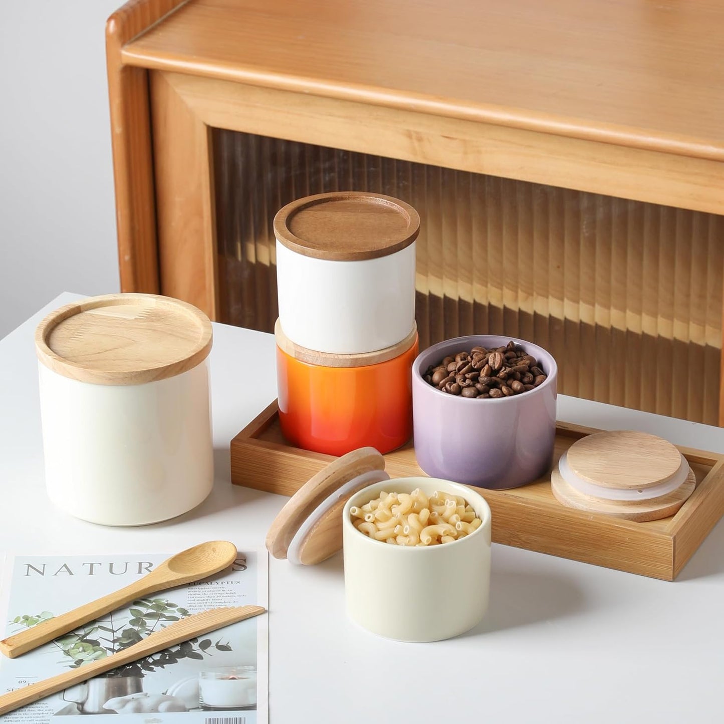 Sweejar Kitchen Canisters Ceramic Food Storage Jar, Stackable Containers with Airtight Seal Wooden Lid for Serving Ground Coffee, Tea, Sugar, Spice and More - 5 Fl Oz(Gradient Red)