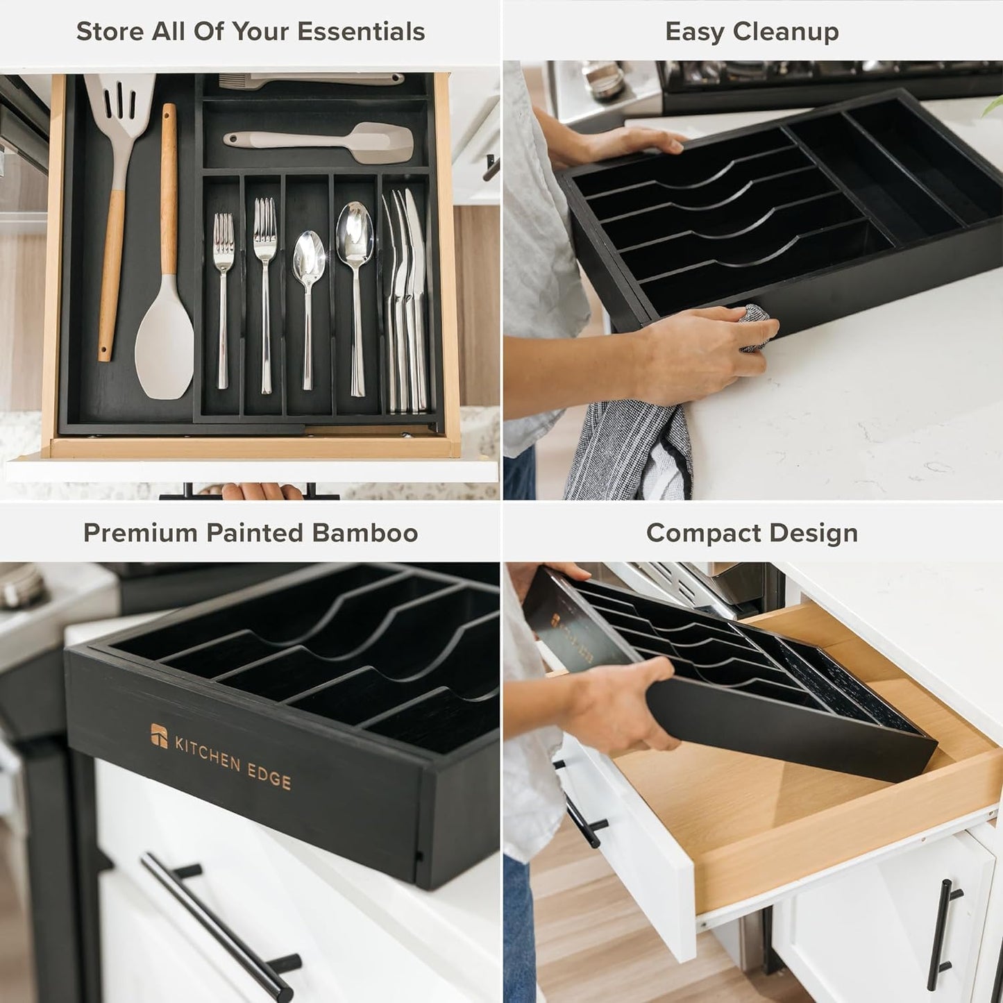 Premium Silverware, Flatware and Utensil Organizer for Kitchen Drawers, Food-Safe Contract Grade, Expandable from 10.5 to 19 In, Black Bamboo