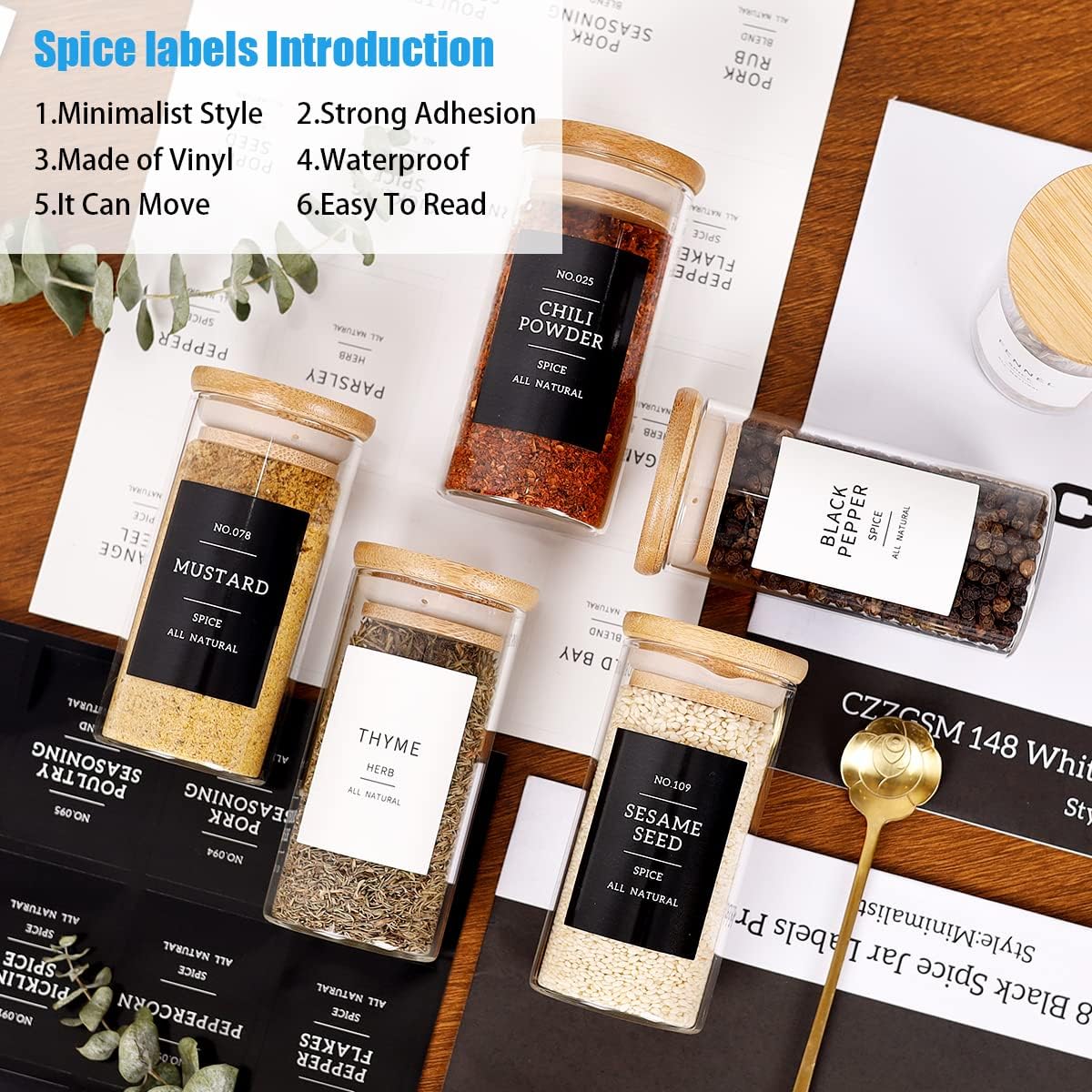 24 Pcs Glass Jars With 296 Spice Labels Preprinted of White and Black Color- 4oz Thicken(2.4mm) Empty Small Herb Seasoning Containers With Bamboo Airtight Lids