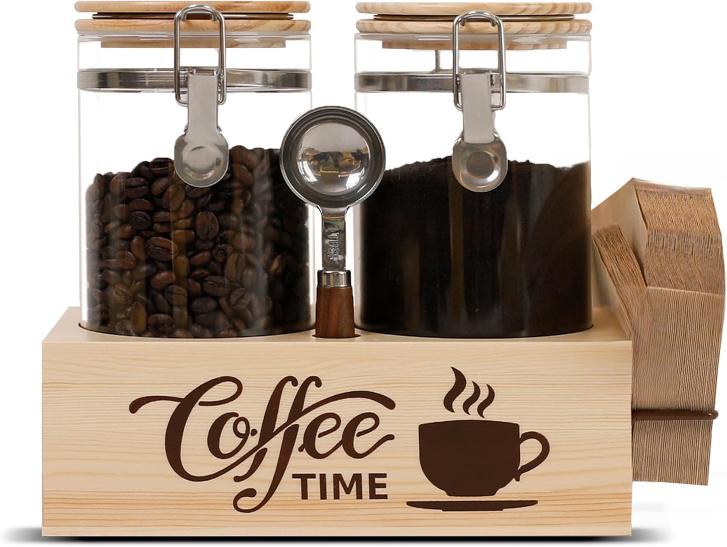 Glass Coffee Canister Set with Shelf & Spoon 2 Piece Coffee Containers for Coffee Bean Storage Airtight Seal, Coffee Bar Accessories Filter Holder for Kitchen Organization