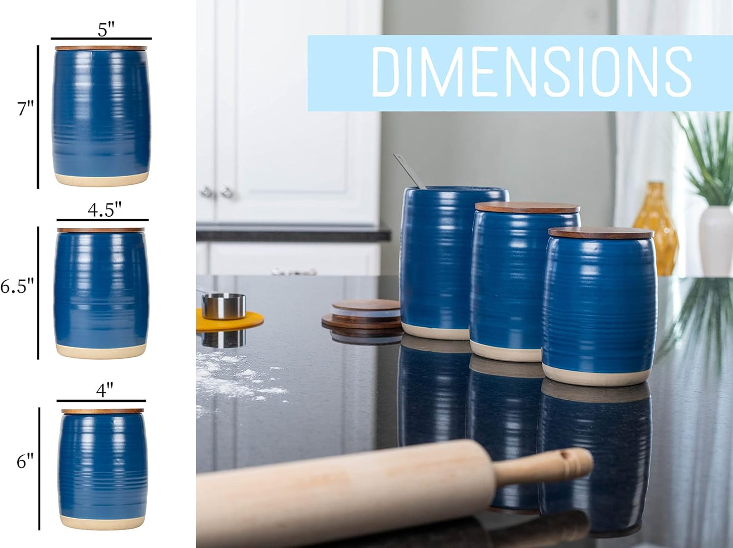 Nat & Jules Lidded Navy Blue 6 inch Ceramic and Wood Kitchen Canisters Set of 3