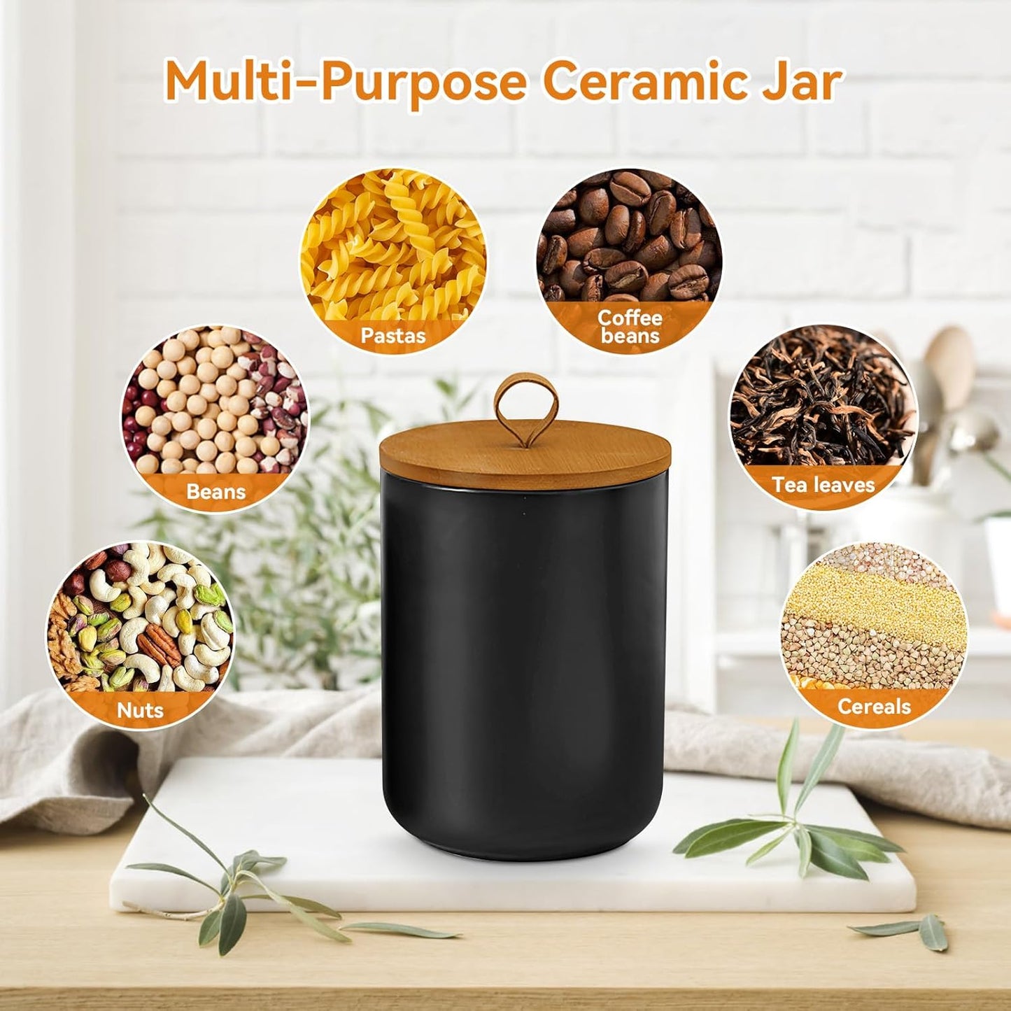 Canister Sets for Kitchen,Ceramic Kitchen Canisters for Countertop with Airtight Wood Lids for Serving Ground Coffee, Tea, Spice, Grains, Sugar, Salt (Black Pack of 3 (8.7/27/44 Oz))