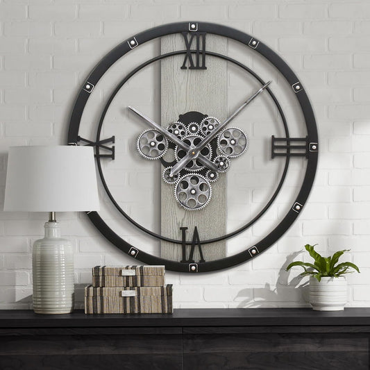 Micasso 24 inch Large Real Moving Gears Wall Clock: Black Industrial Steampunk Roman Numeral Clock - Modern Wall Decor for Living Room/Entryway/Office