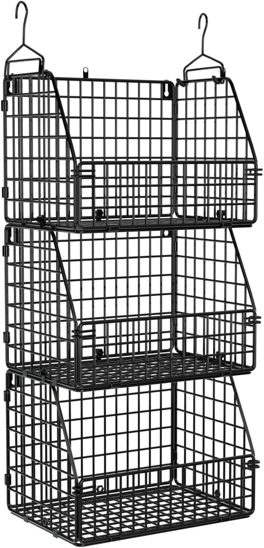 Stackable Wire Storage Baskets for Kitchen Closet Pantry, Hanging Closet Organizers Storage Shelves Organization, Wall Mount Metal Basket Bins, Clothing Vegetable & Fruit Organizer 3 pcs