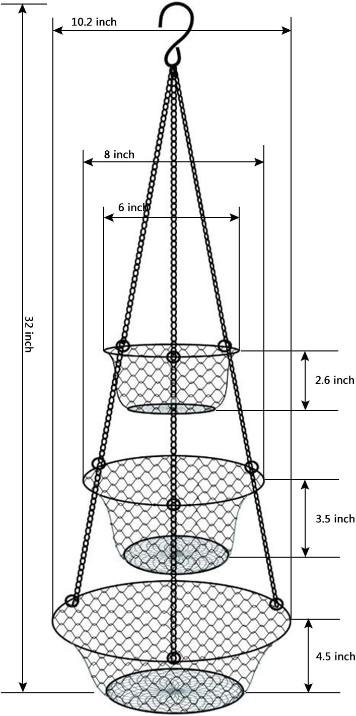 malmo 3-Tier Wire Fruit Hanging Basket, Vegetable Kitchen Storage Basket, Iron Wire Black (Basket2024)