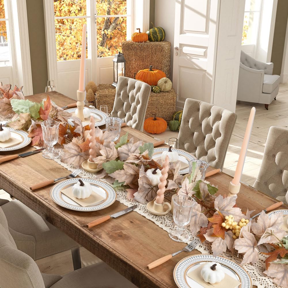 Lvydec Fall Maple Leaves Garland Decoration - 5.8ft Artificial Fall Foliage Garland with White Pumpkins Autumn Decor for Halloween Thanksgiving Home Table Decor (White)