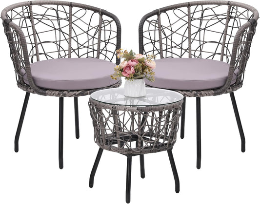 Kromax 3 Piece Bistro Set, Modern Outdoor Wicker Patio Furniture with Tempered Glass Table Top and 2 Chairs, Washable Cushions, Grey Rattan and Grey Cushion