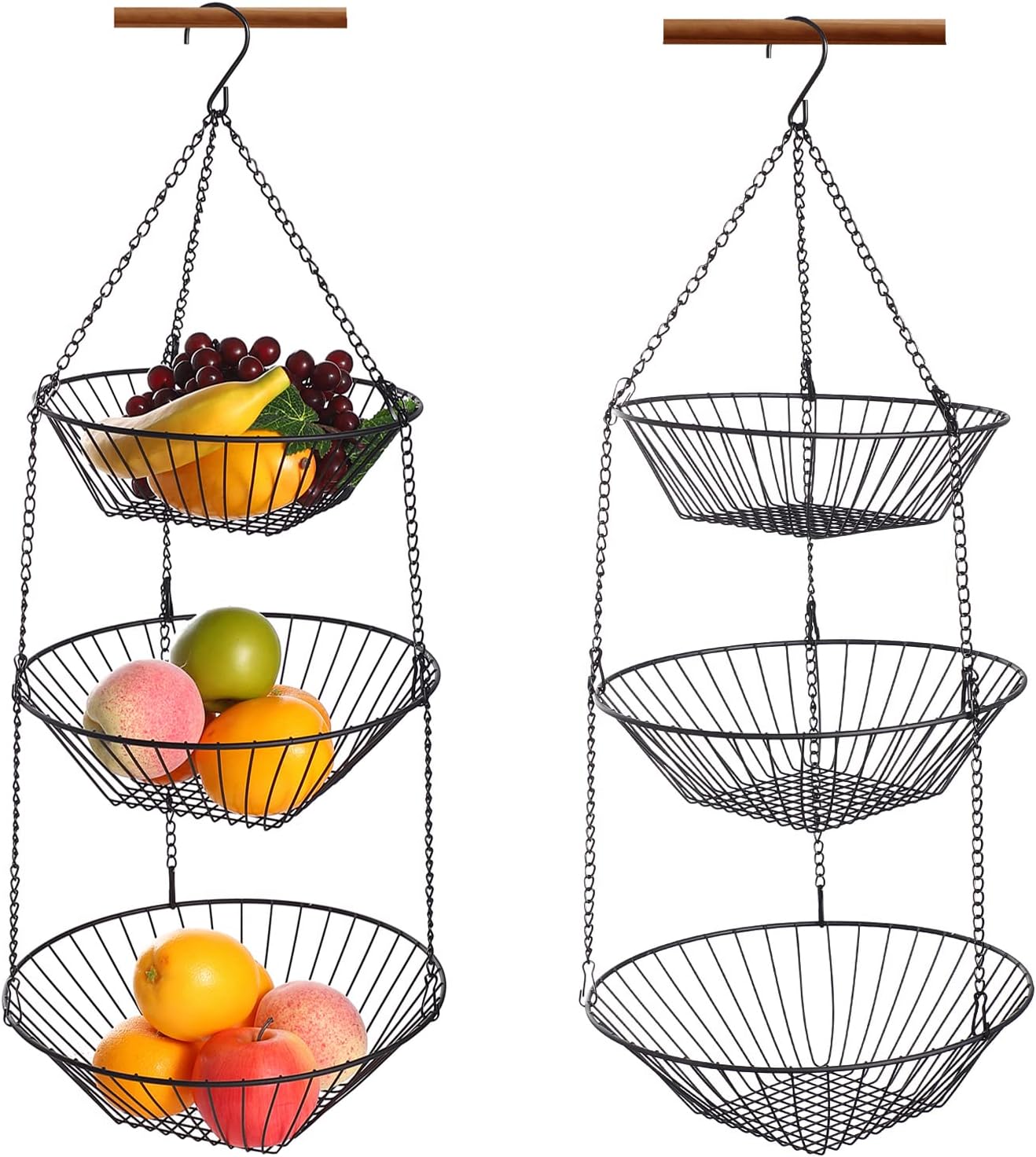 3-Tier Wire Fruit Hanging Basket 2 Packs,non-Punching Wall Hanging Storage,Kitchen Bathroom Organization Basket,Suitable for Bathroom,Kitchen,Closet,Garden,Black