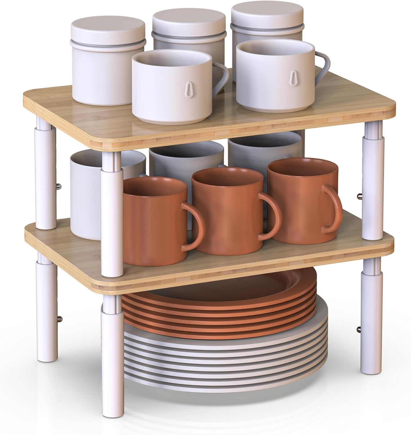 Cabinet Organizer Shelf, Spice Rack Set of 2 Kitchen Pantry Cupboard Shelves, Stackable, Height Adjustable, Natural Bamboo (11.7" W)