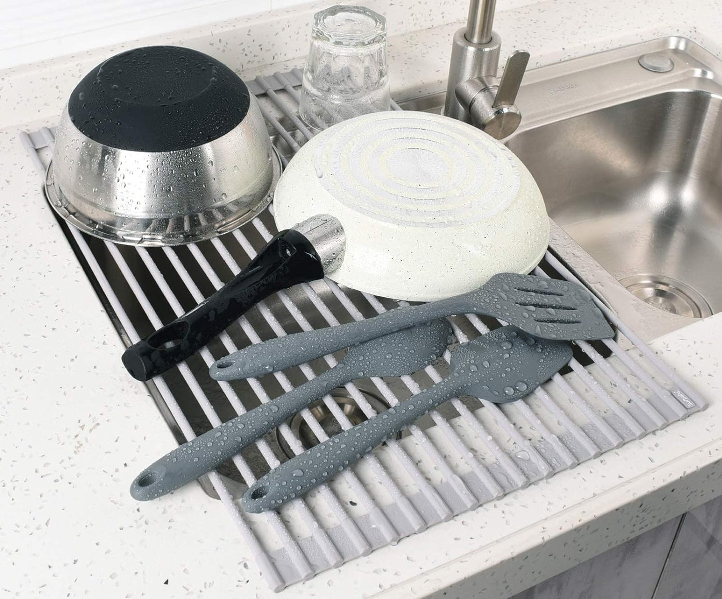 Surpahs Over Sink Foldable Multipurpose Roll-Up Dish Drying Rack, Silicone Wrapped Stainless Steel, Warm Gray, 17.5" x 13.1"