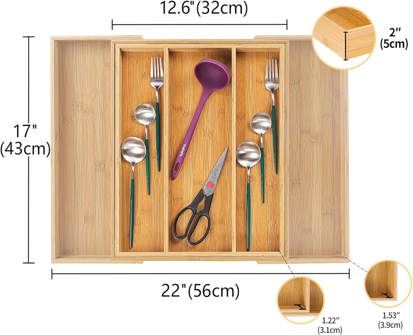 Utoplike Bamboo Expandable Kitchen Drawer Organizer, Adjustable Utensil Holder and Cutlery Tray Organiser, Drawer Divider for Silverware, Flatware, Knives in Kitchen, Bedroom, Living Room, 5 Slot