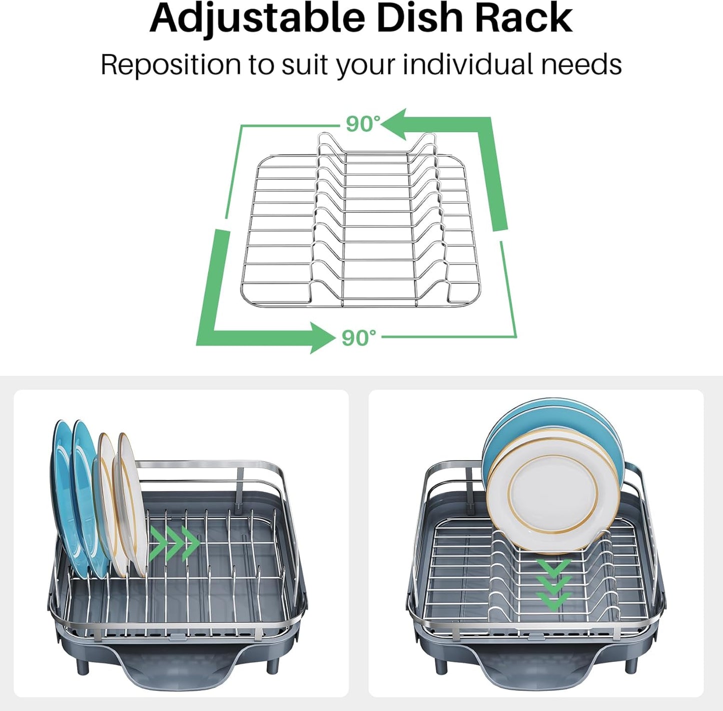 Dish Drying Rack, Expandable Dish Rack for Kitchen Counter, Stainless Steel Dish Drainer with Drainboard Set and Utensil Holder (Gray)