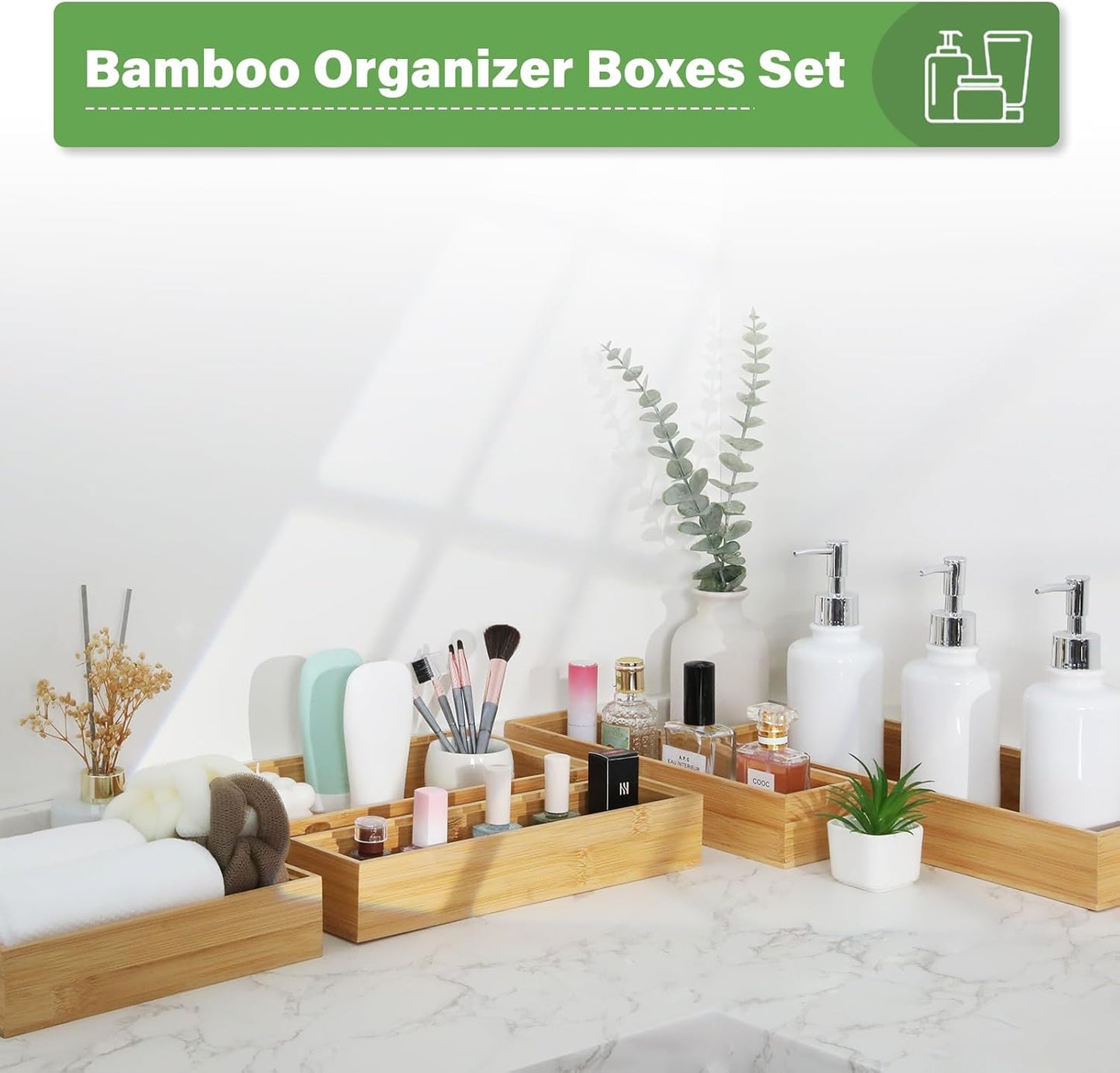 Bamboo Drawer Organizer, 2PCS Stackable Storage Boxes for Utensil Organizer, Wood Tray for kitchen, Bathroom and Bedroom 12" x 6" x 2"