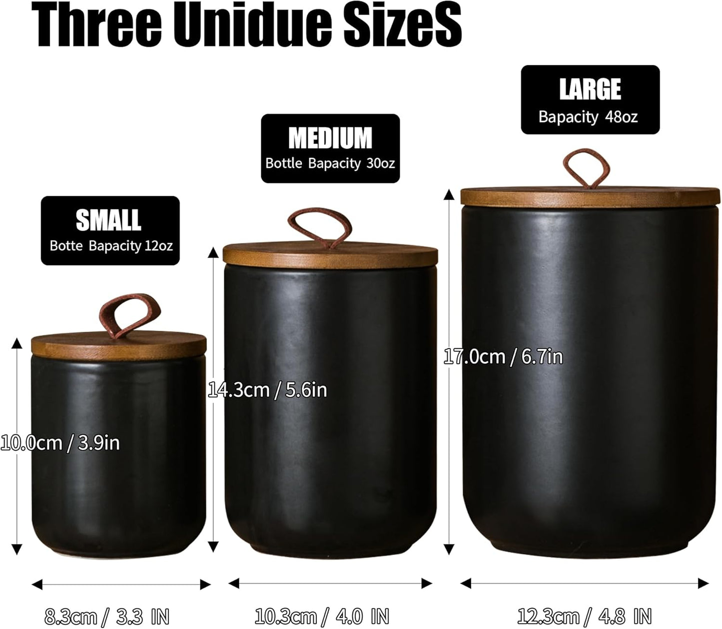 JOJUNO Black Ceramic Canister Set with Wooden Lid, 3-Piece Airtight Food Storage Jars for Kitchen Counter - Flour, Sugar, Coffee, Tea, Spice - Small, Medium, Large Sizes