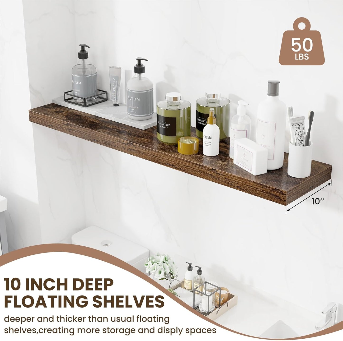 48 Inch Floating Shelves for Wall - 10 Inch Deep Fireplace Mantel Shelf - Wood Floating Shelves for Wall - Large Storage Shelves Wall Mount for Living Room & Bedroom - Rustic Brown - Set of 1