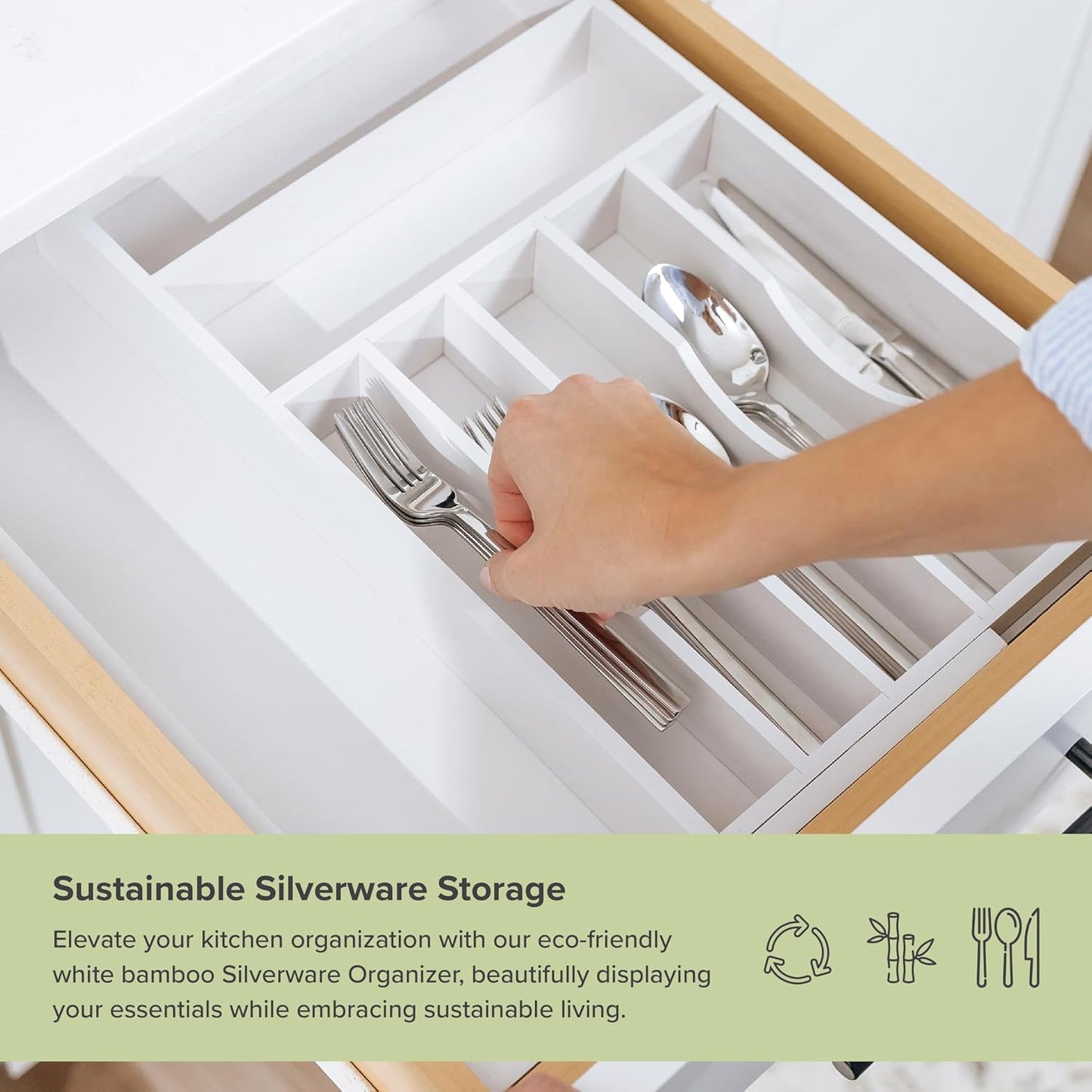 Premium Silverware, Flatware and Utensil Organizer for Kitchen Drawers, Food-Safe Contract Grade, Expandable from 10.5 to 19 In, White Bamboo