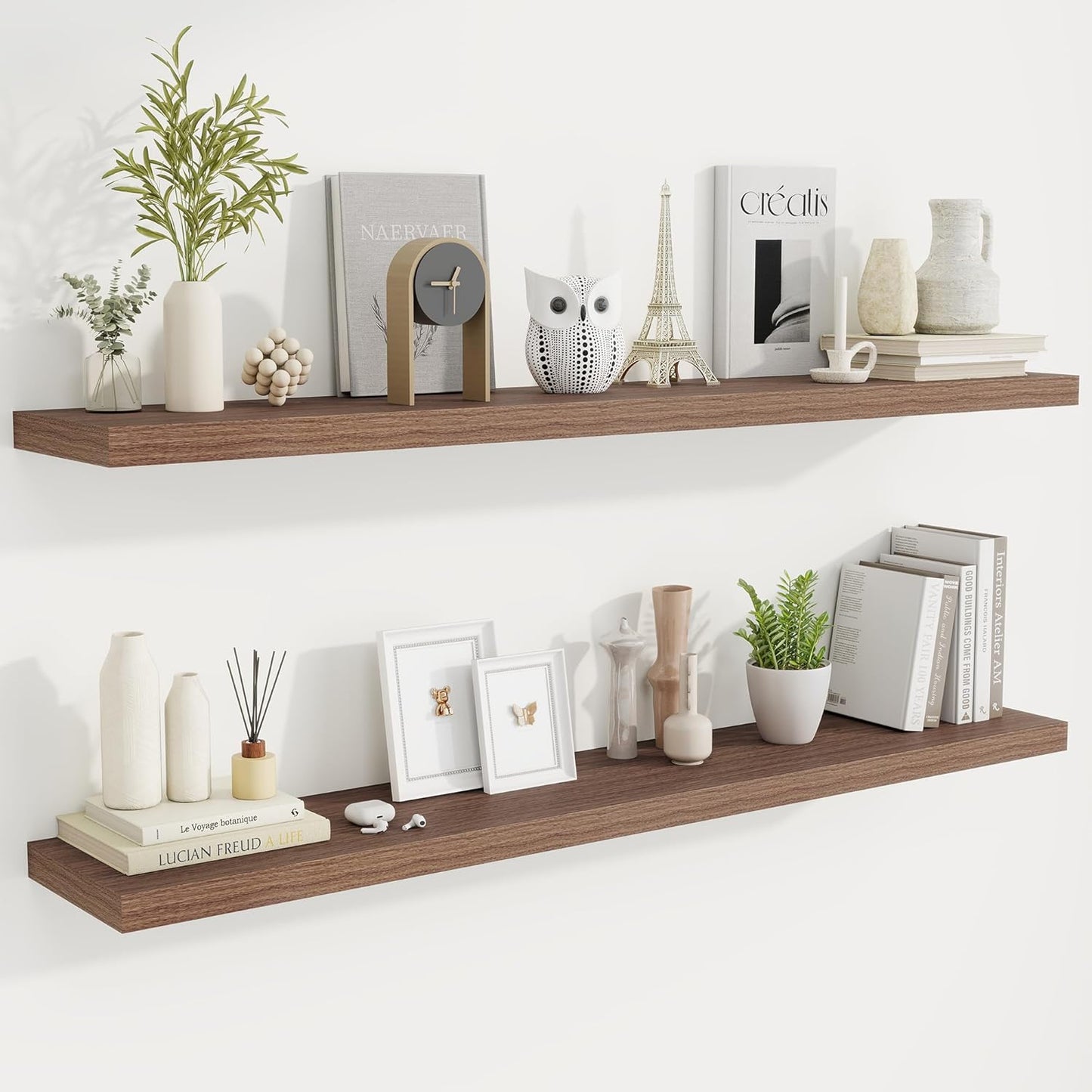 Fun Memories 55 Inch Fireplace Mantel Shelf -Long Floating Shelves, Deep Wall Mounted Farmhouse Display Shelves with Invisible Heavy Duty Metal Bracket, Walnut, 2 Pack