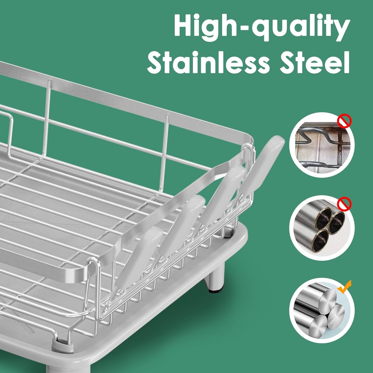 MOUKABAL Dish Drying Rack - Stainless Steel Dish Rack, Dish Racks for Kitchen Counter, Drying Rack Kitchen with Removable Utensil Holder, Drainboard and Glass Organizer (Grey)