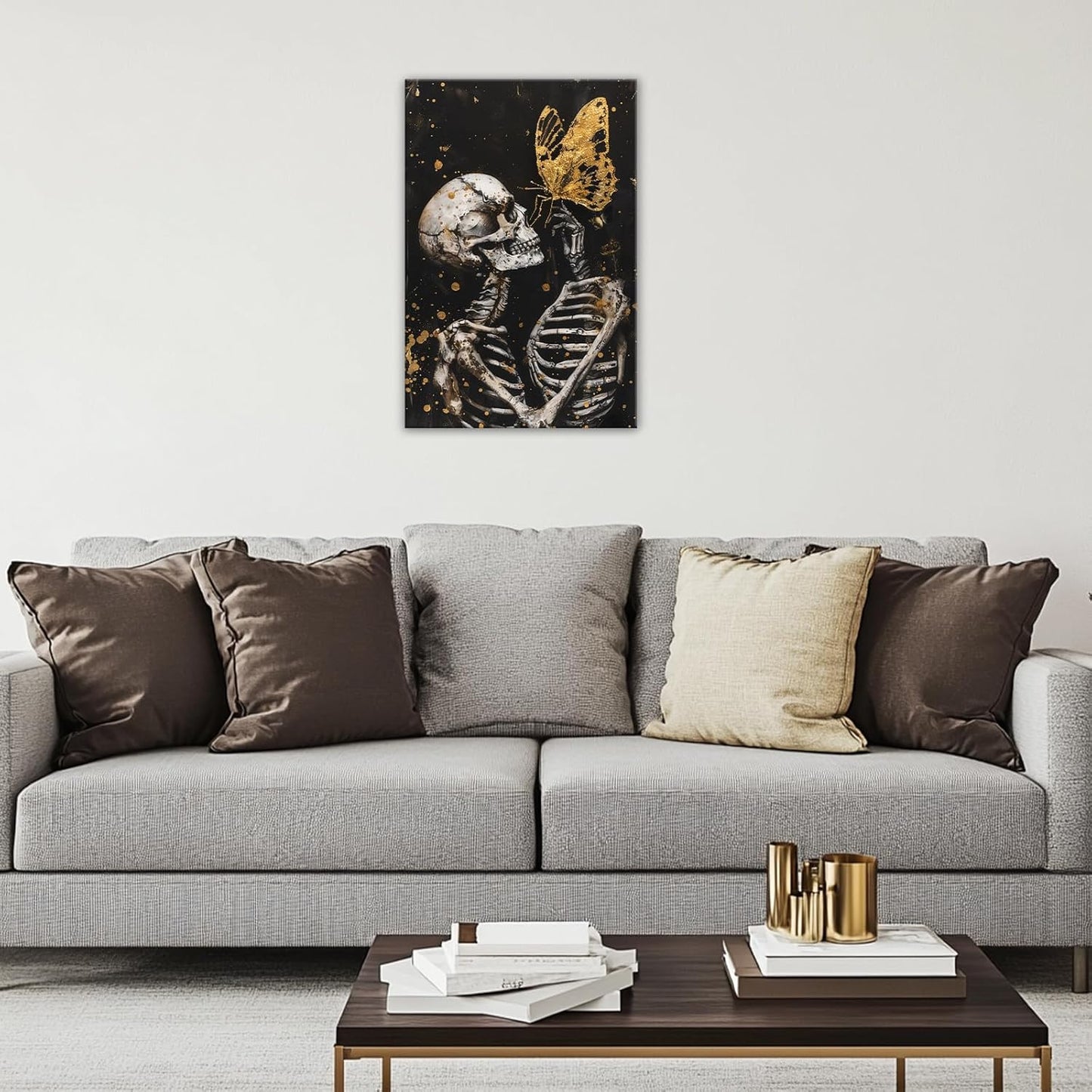 OAAPITI Skull Wall Art Skull and Gold Butterfly Canvas Print Abstract Modern Gothic Artwork for Bedroom Dark Art Decor(Artwork-7,24"x36")