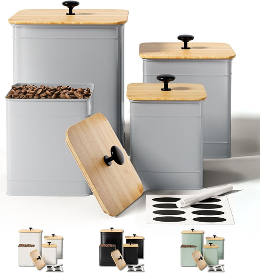 Kitchen Canisters for Countertop Set of 4 with Customizable Chalkboard Labels & Marker Pen - Big Iron Kitchen Canisters with Airtight Lids - Gray Canister Set - Flour and Sugar Containers Farmhouse