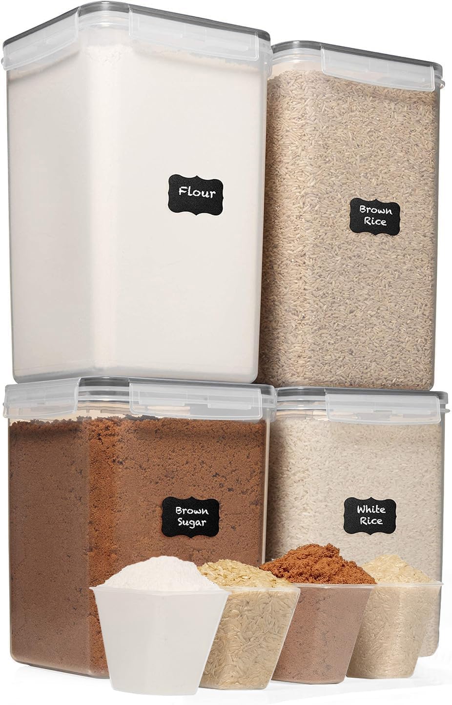 WHITE FEATHER SUPPLIES 4 Pc Flour Sugar Storage Container, Large Food Storage Containers with Lids Airtight for Kitchen, BPA Free Plastic Cereal Containers Storage [2 X 6.5 + 2 X 5.2] 4 Measuring Cup