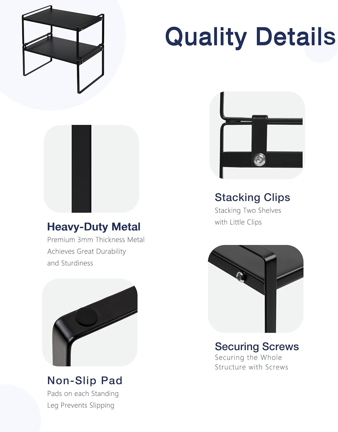 Nxconsu 2Pack Cabinet Shelves Stackable Shelf Organizer Rack Riser for Kitchen Cabinet Pantry Cupboard Counter Countertop Home Organization Storage Space Saver Heavy Duty Metal Nonslip Black Wide