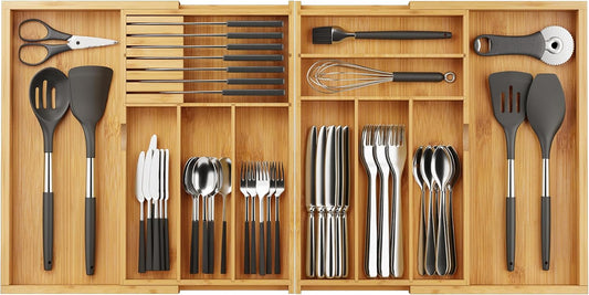 BAMEOS Expandable Silverware Drawer Organizer with Removable Knife Blocks, Bamboo Kitchen Utensil Holder from 21" to 36", Large Cutlery Tray with Divider for Forks, Spoons, Knives
