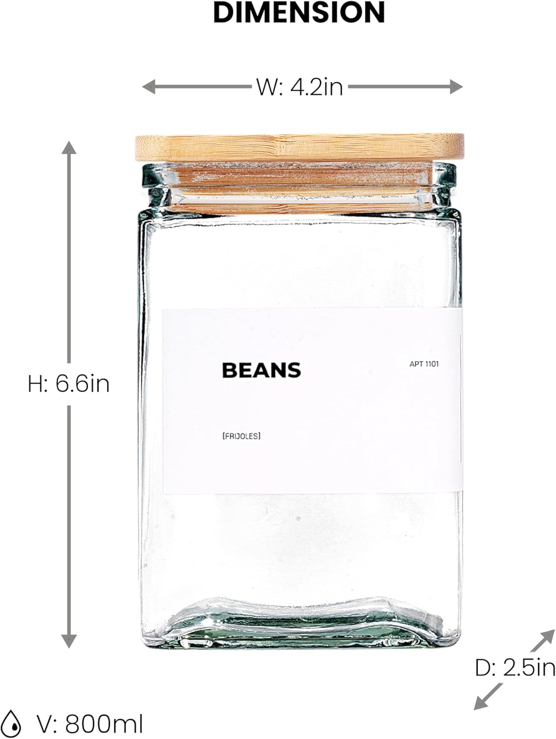 27 oz Glass Storage Jars with Bamboo Lid, set of 6, glass canisters with airtight lids, Clear jars with lids for Cookie, Candy, Tea, Coffee Bean and Rice (White)