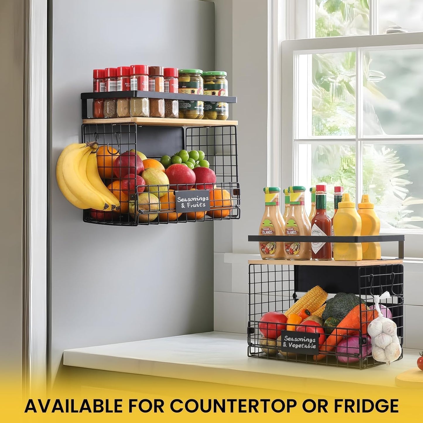 [WIDER Shelf]2 SET Strong Magnetic Shelf Basket for Fridge with Tag & Bamboo Top, XXL Large Magnetic Spice Rack Shelves for Side of Refrigerator, Kitchen Pantry Storage Organizer for Food Fruit Veg