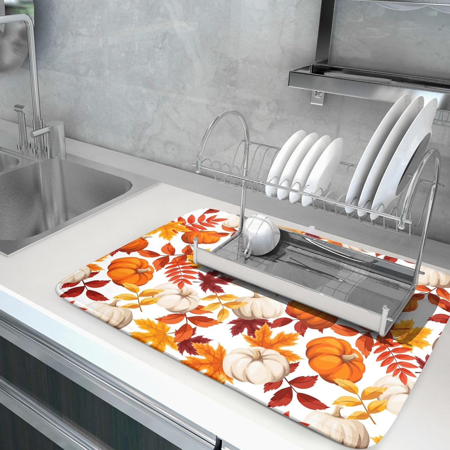 Fall Dish Drying Mat for Kitchen Counter Watercolor Pumpkins Autumn Leaves Thanksgiving Super Absorbent Reversible Microfiber Kitchen Countertop Protector Dishes Pad Large 18x24 inch