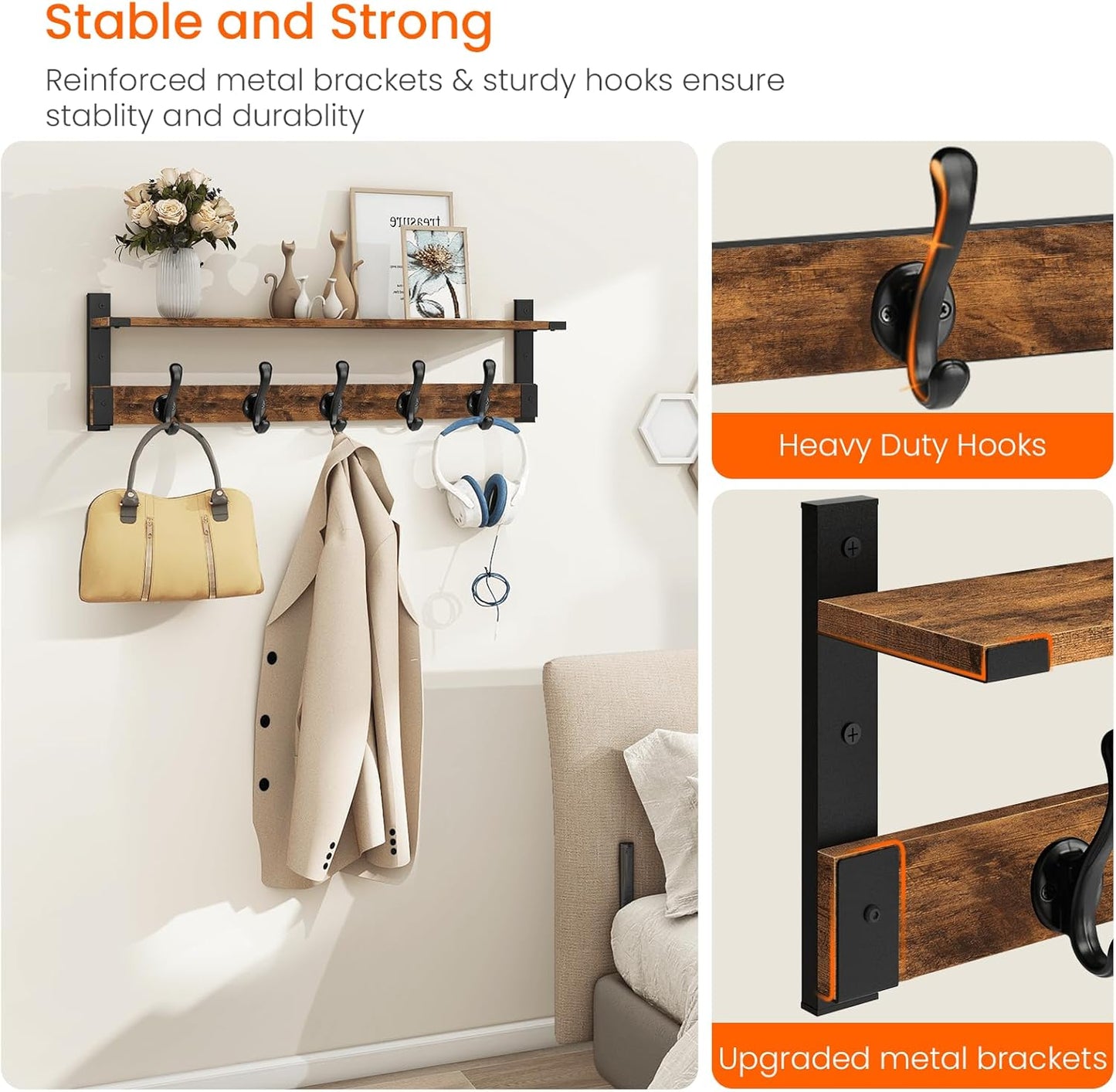 Homode Coat Rack Wall Mount, 29 Inch Long Shelf with Hooks, Wood Entryway Shelf with 5 Hangers for Hanging Hat Jacket Backpack Purse, Rustic Brown Black