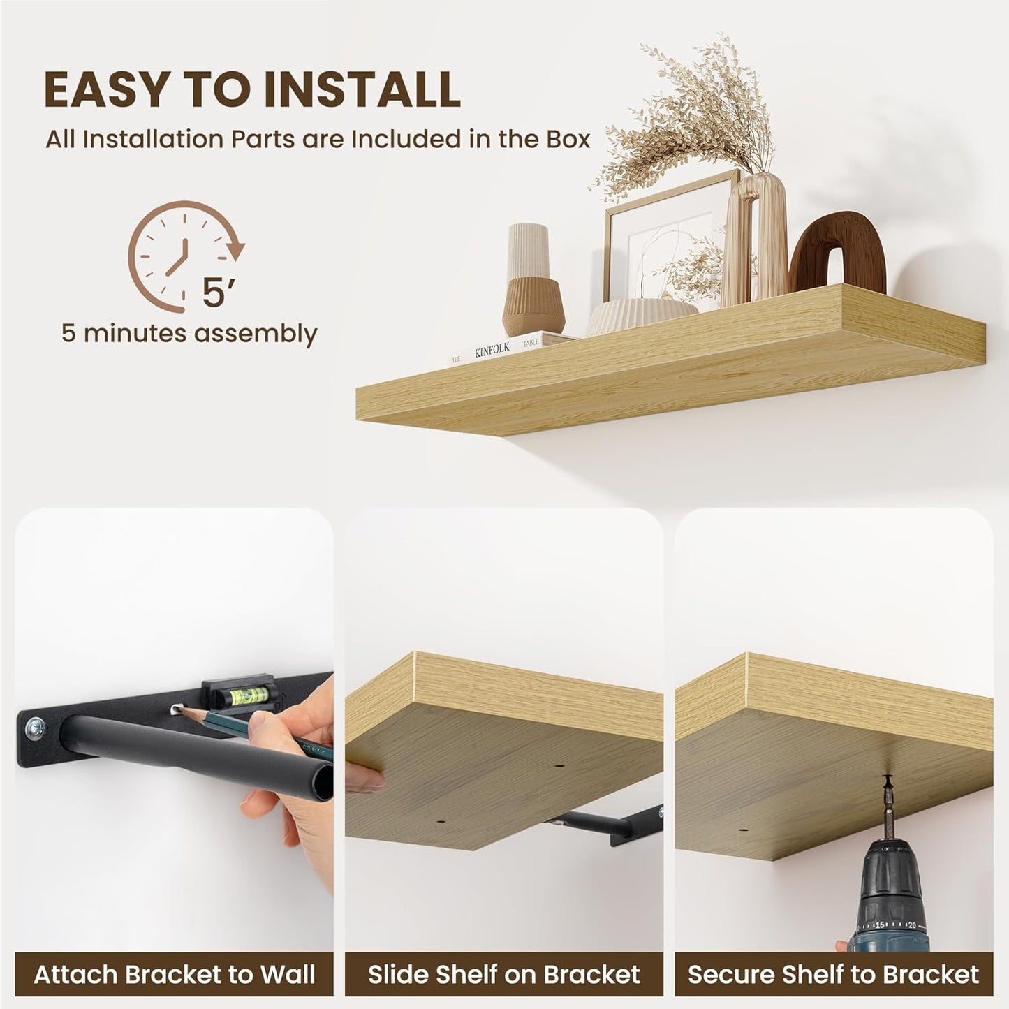 Fun Memories 55 Inch Fireplace Mentel Shelf, 10 Inch Deep Shelves for Display & Wall Storage, Rustic Wood Wall Shelf, Extra Long Floating Shelves for Living Room Laundry Room, Oak, Set of 1