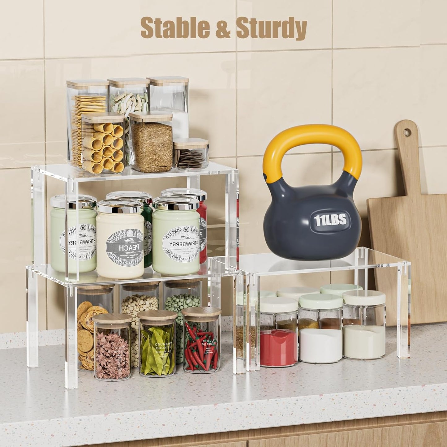 Clear Cabinet Organizer: Acrylic Shelf Riser Set of 4 for Kitchen Pantry Organizers and Storage - Countertop Spice Rack for Cabinet - Stackable Display Shelf Decor for Gift