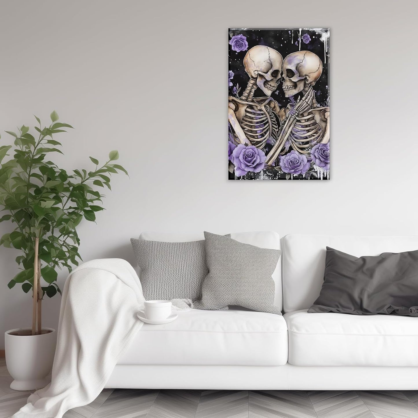 Skull Canvas Wall Art Couple Skeleton Holding Each Other Picture Art Poster Abstract Lover Painting Modern Artwork Horrible Halloween Decor(Artwork-2,16"x24")