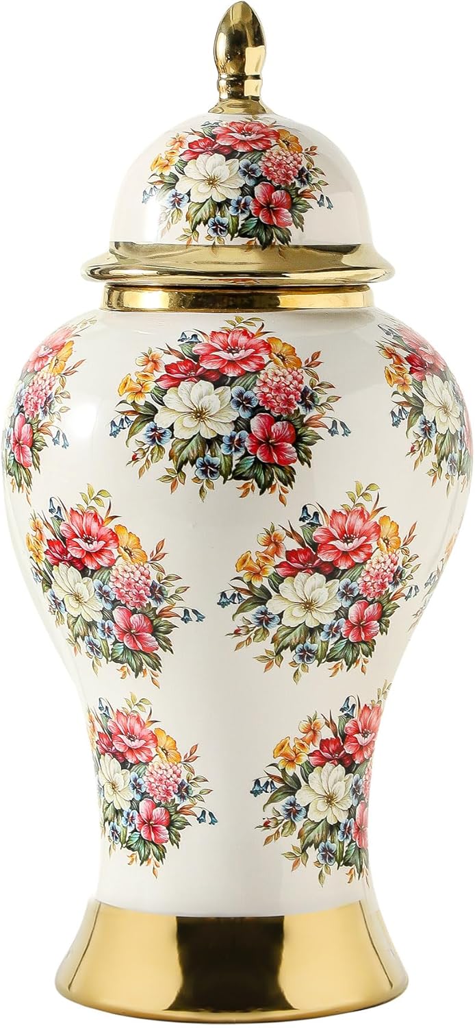 Ginger Jars for Home Decor, White Gold Ceramic Vase with Colorful Floral Pattern, Handmade Decorative Flower Vase with Lid for Home, Kitchen, Office, Table, Bookshelf, Mantle Fireplace,(12in)