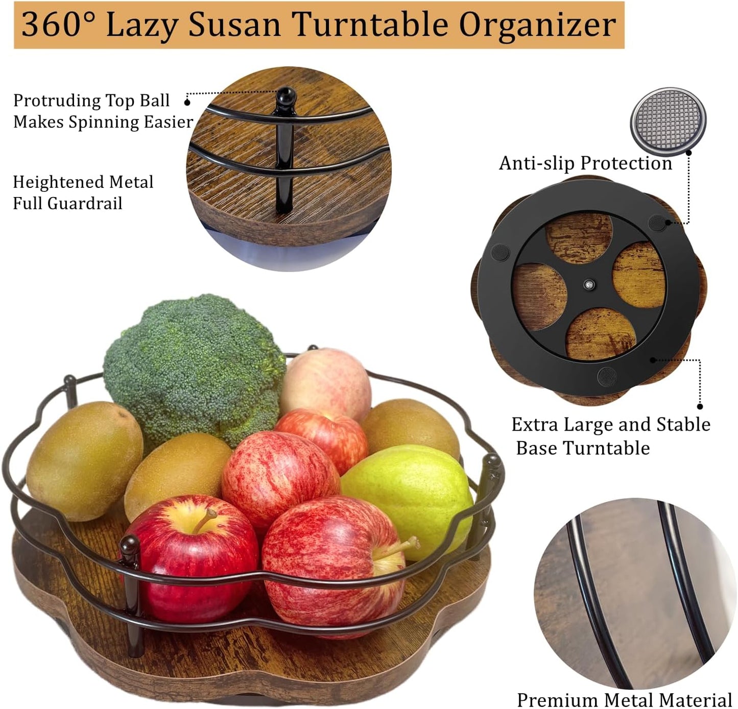 Lazy Susan Turntable Organizer with Higher Metal Sides, 11" Wooden Lazy Susan Spice Rack Organization and Storage for Cabinet,Kitchen,Countertop,Table Top,Dining Table,Coffee Bar Decor