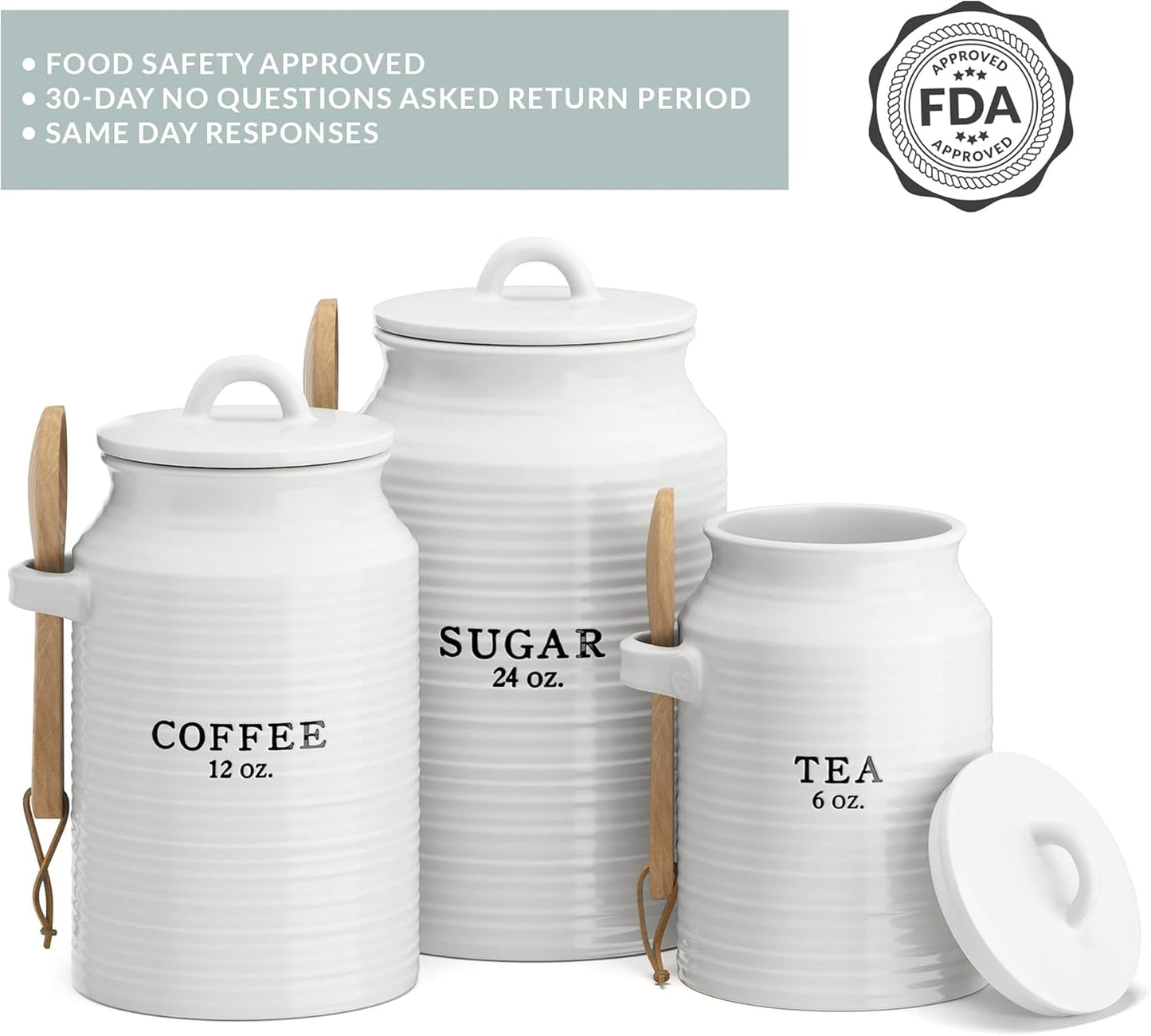 Barnyard Designs Canister Set for Kitchen Counter, Coffee Tea Sugar Container Ceramic Set, Decorative Canisters, Rustic Farmhouse Canister Jars, White (Coffee/Sugar/Tea)