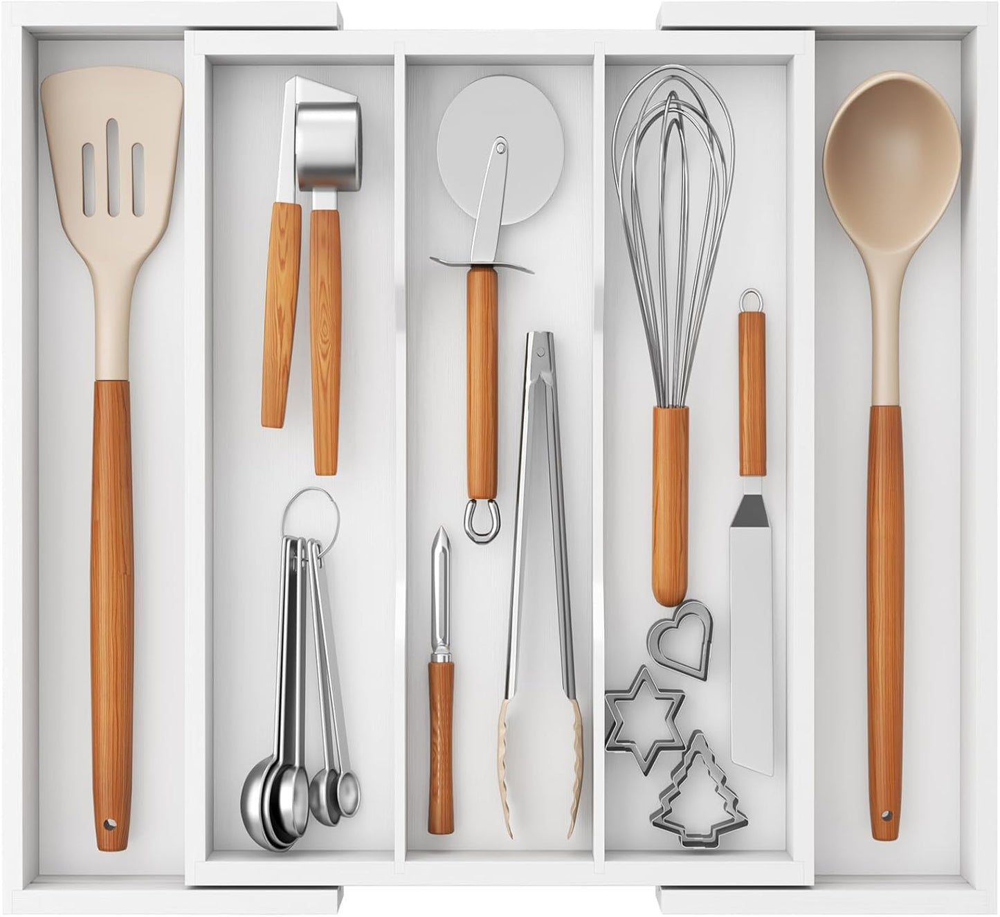 Lifewit Utensil Organizer for Kitchen Drawer, Expandable Cooking Utensil Tray, Bamboo Cutlery Silverware Flatware Holder, Adjustable Spatula Tools and Gadgets Storage Divider, Large, White