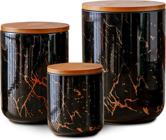 Ceramic Canister Set with Bamboo Airtight Lids, 3-Piece Kitchen Storage Jars (48oz, 30oz, 12oz) – Black with Gold Marble Pattern, Glossy Finish, for Coffee, Sugar, Flour & More