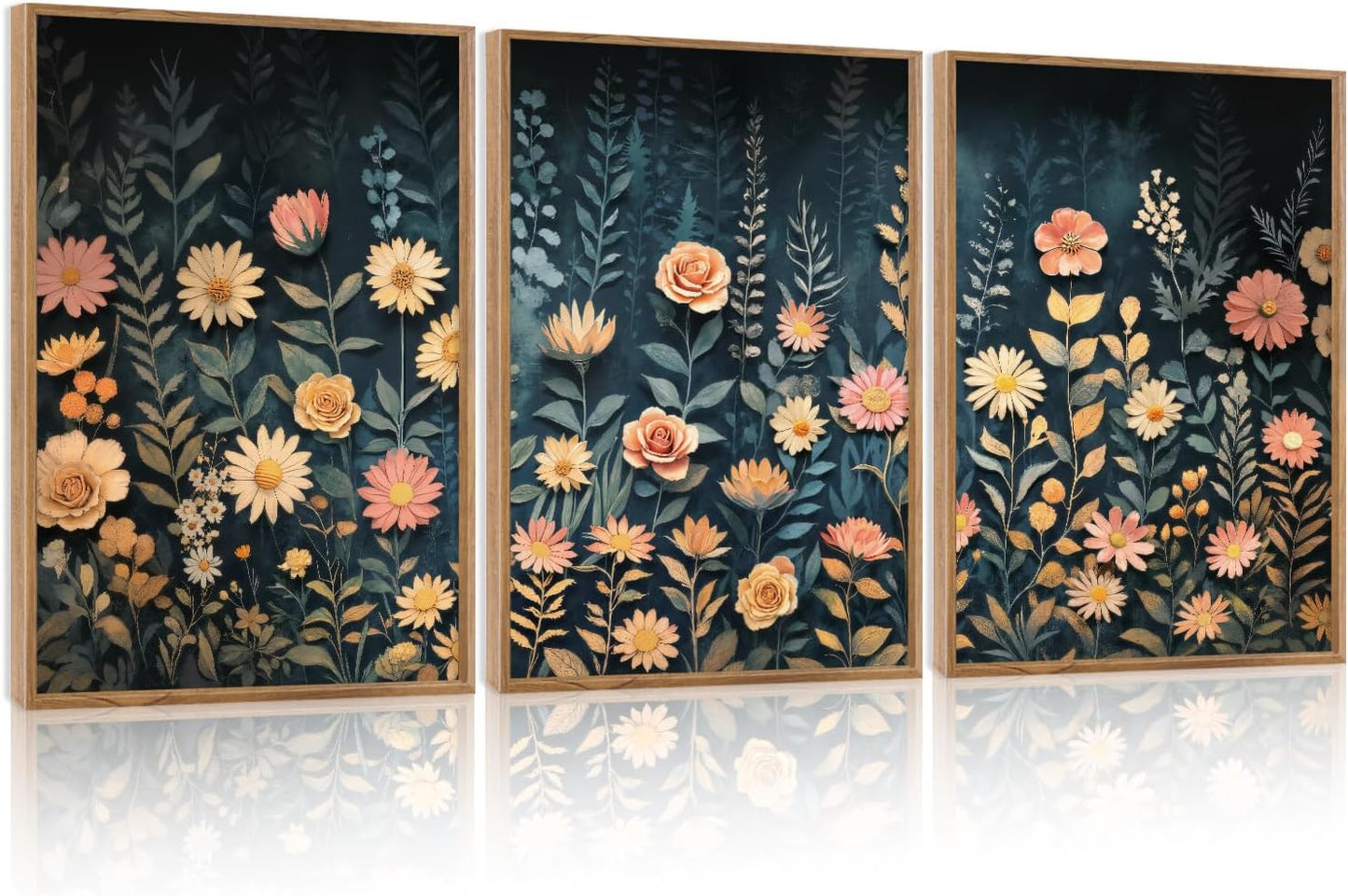 HPNIUB Modern Dark Wildflower Framed Canvas Wall Art Set,Minimalist Nature Jungle Botanical Landscape Wall Decor, (16x24 Inch) Farmhouse Painting for Living Room, Bedroom, Office