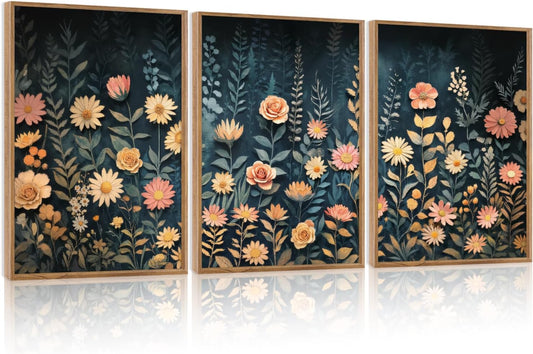 HPNIUB Modern Dark Wildflower Framed Canvas Wall Art Set,Minimalist Nature Jungle Botanical Landscape Wall Decor, (16x24 Inch) Farmhouse Painting for Living Room, Bedroom, Office